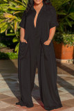 Black Casual Solid Patchwork Turndown Collar Loose Jumpsuits