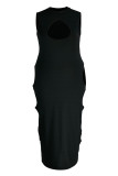 Black Sexy Solid Hollowed Out Split Joint O Neck One Step Skirt Plus Size Dresses