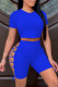 Blue Fashion Casual Solid Bandage Hollowed Out O Neck Short Sleeve Two Pieces