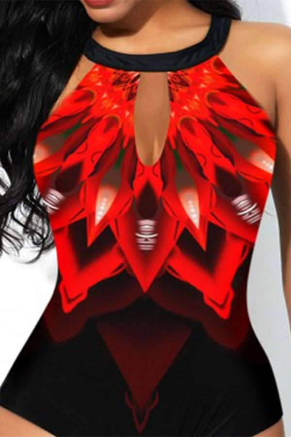 Red Fashion Sexy Print Hollowed Out Backless Swimwears (With Paddings)