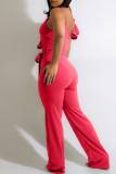 Red Fashion Casual Solid Patchwork With Belt V Neck Regular Jumpsuits