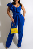 Red Fashion Casual Solid Patchwork With Belt V Neck Regular Jumpsuits
