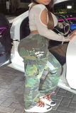 Army Green Fashion Casual Camouflage Print Patchwork Regular Mid Waist Trousers