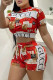 Red Fashion Casual Print Letter O Neck Short Sleeve Two Pieces