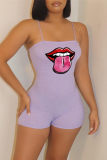 Pink Sexy Casual Lips Printed Backless Spaghetti Strap Skinny Romper