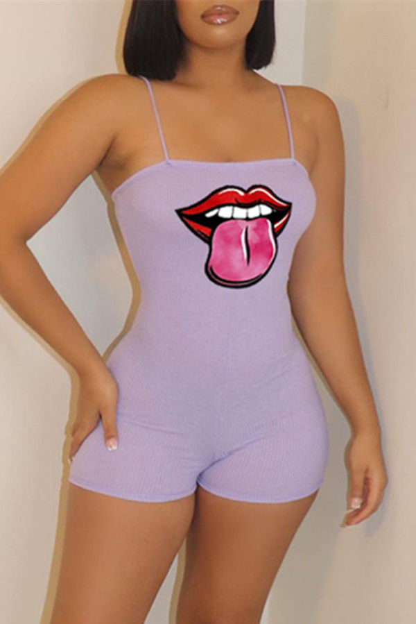 Purple Sexy Casual Lips Printed Backless Spaghetti Strap Skinny Romper