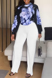 Blue Fashion Casual Print Basic Turtleneck Long Sleeve Two Pieces