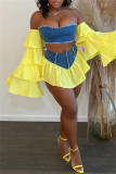 Yellow Fashion Sexy Patchwork Backless Off the Shoulder Long Sleeve Two Pieces