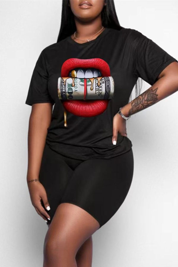 Black Fashion Casual Lips Printed Basic O Neck Short Sleeve Two Pieces
