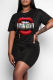 Black Fashion Casual Lips Printed Basic O Neck Short Sleeve Two Pieces