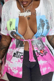 Pink Fashion Print Tassel Bandage V Neck T-Shirts