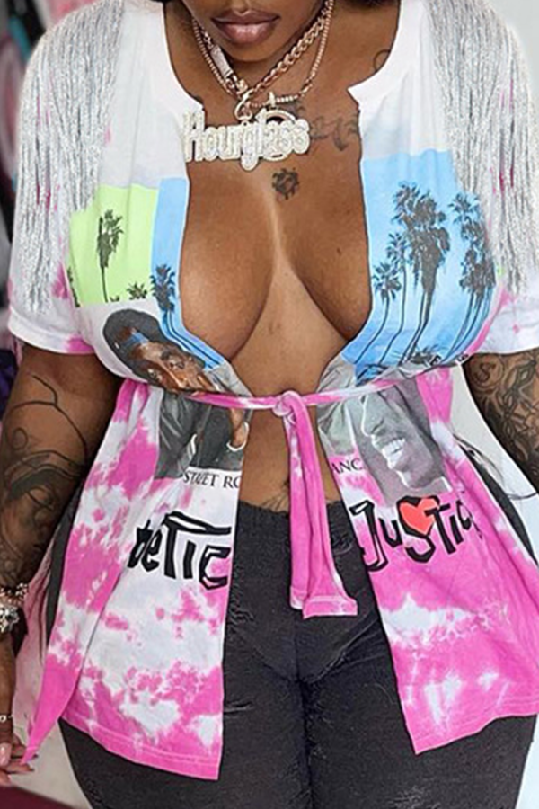 Pink Fashion Print Tassel Bandage V Neck T-Shirts