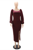 Red Fashion Casual Solid Slit Square Collar Long Sleeve Dresses