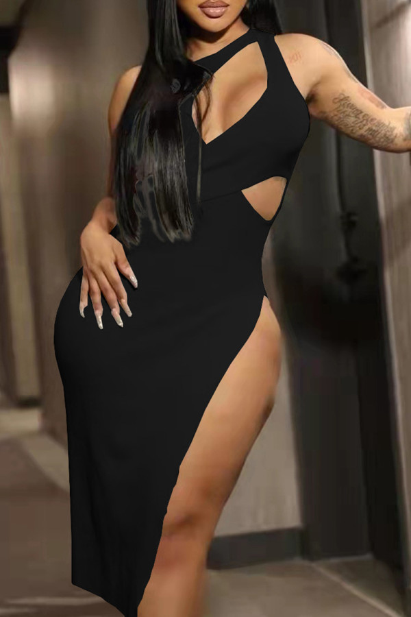 Black Fashion Sexy Solid Hollowed Out Slit O Neck Dresses