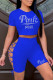 Blue Fashion Casual Letter Hot Drilling Bandage Hollowed Out O Neck Short Sleeve Two Pieces