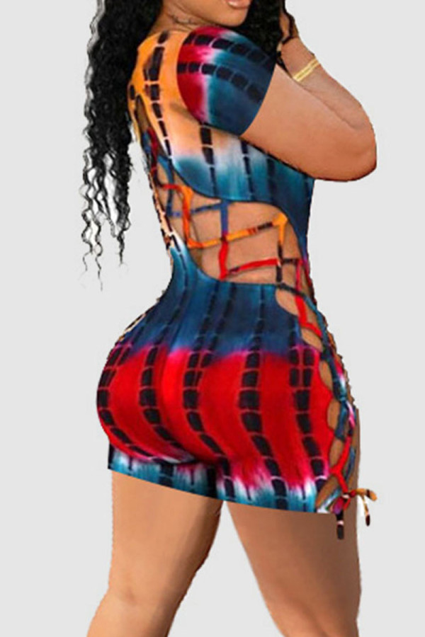 Colour Sexy Print Hollowed Out Patchwork Backless O Neck Regular Rompers