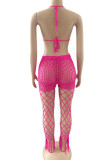 Black Sexy Solid Hollowed Out Patchwork See-through Halter Sleeveless Two Pieces