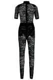 White Sexy Solid Patchwork See-through Half A Turtleneck Short Sleeve Two Pieces