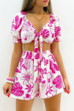 Red Sexy Vacation Print Bandage Patchwork V Neck Short Sleeve Two Pieces