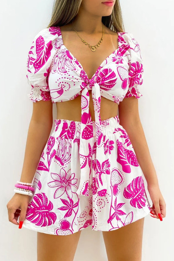 White Purple Sexy Vacation Print Bandage Patchwork V Neck Short Sleeve Two Pieces