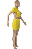 Yellow Fashion Sexy Solid Hollowed Out Backless Half A Turtleneck Short Sleeve Two Pieces