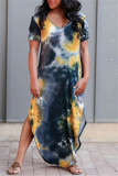 Yellow Fashion Casual Print Tie Dye Slit O Neck Short Sleeve Dress