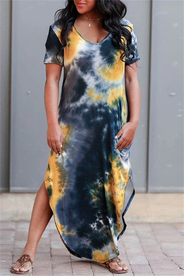Yellow Fashion Casual Print Tie Dye Slit O Neck Short Sleeve Dress