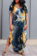 Yellow Fashion Casual Print Tie Dye Slit O Neck Short Sleeve Dress