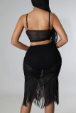 Black Sexy Solid Tassel Spaghetti Strap Sleeveless Two Pieces