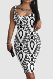 Black Casual Street Print Split Joint U Neck One Step Skirt Dresses