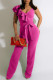 Rose Red Fashion Casual Solid Patchwork With Belt V Neck Regular Jumpsuits