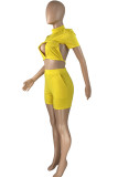 Yellow Fashion Sexy Solid Hollowed Out Backless Half A Turtleneck Short Sleeve Two Pieces