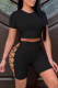 Black Fashion Casual Solid Bandage Hollowed Out O Neck Short Sleeve Two Pieces