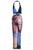 Pink Sexy Street Print Tassel Patchwork Asymmetrical Sleeveless Two Pieces