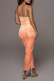 Orange Fashion Sexy Print Tie Dye Draw String Backless Spaghetti Strap Long Dress