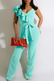 Red Fashion Casual Solid Patchwork With Belt V Neck Regular Jumpsuits