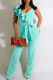Light Green Fashion Casual Solid Patchwork With Belt V Neck Regular Jumpsuits