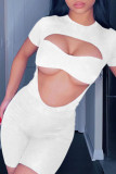 White Fashion Sexy Casual Solid Hollowed Out O Neck Short Sleeve Two Pieces
