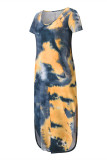Yellow Fashion Casual Print Tie Dye Slit O Neck Short Sleeve Dress