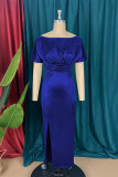Blue Fashion Casual Solid Patchwork Slit O Neck Short Sleeve Dress