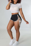 Black White Casual Solid Bandage Patchwork Slit O Neck Short Sleeve Two Pieces