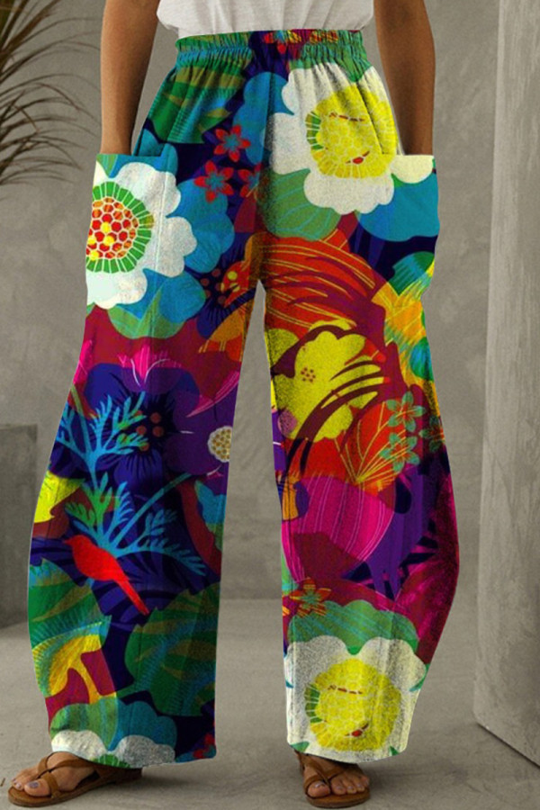 Multicolor Fashion Casual Print Patchwork Pocket Regular High Waist Trousers