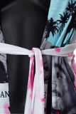 Pink Fashion Print Tassel Bandage V Neck T-Shirts