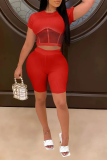 Red Sexy Solid Mesh O Neck Short Sleeve Two Pieces