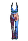 Pink Sexy Street Print Tassel Patchwork Asymmetrical Sleeveless Two Pieces
