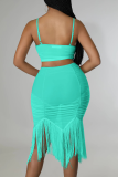 Black Sexy Solid Tassel Spaghetti Strap Sleeveless Two Pieces