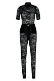 White Sexy Solid Patchwork See-through Half A Turtleneck Short Sleeve Two Pieces