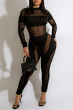 Rose Red Fashion Sexy Patchwork See-through Half A Turtleneck Skinny Jumpsuits