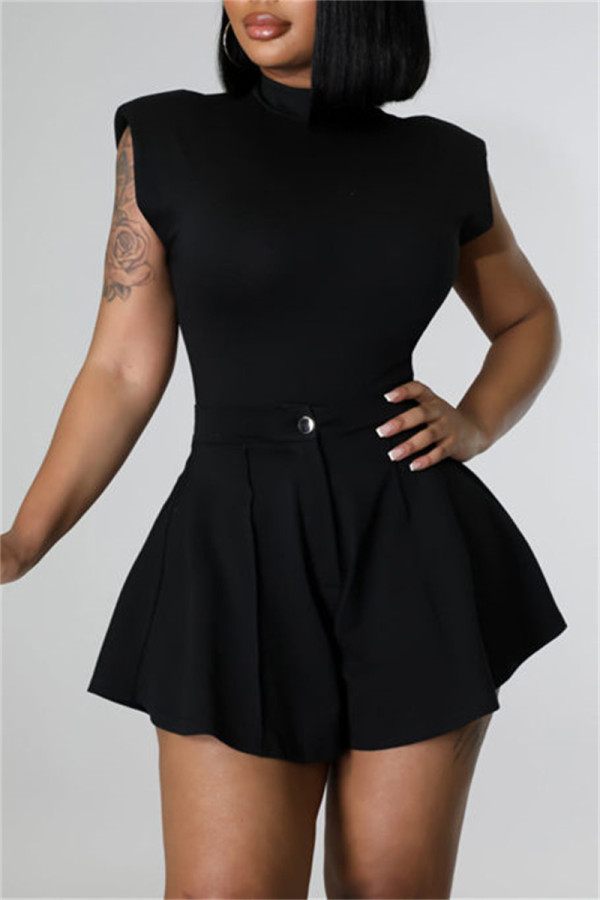 Black Fashion Casual Solid Patchwork Half A Turtleneck Sleeveless Two Pieces