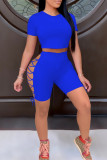 Red Fashion Casual Solid Bandage Hollowed Out O Neck Short Sleeve Two Pieces